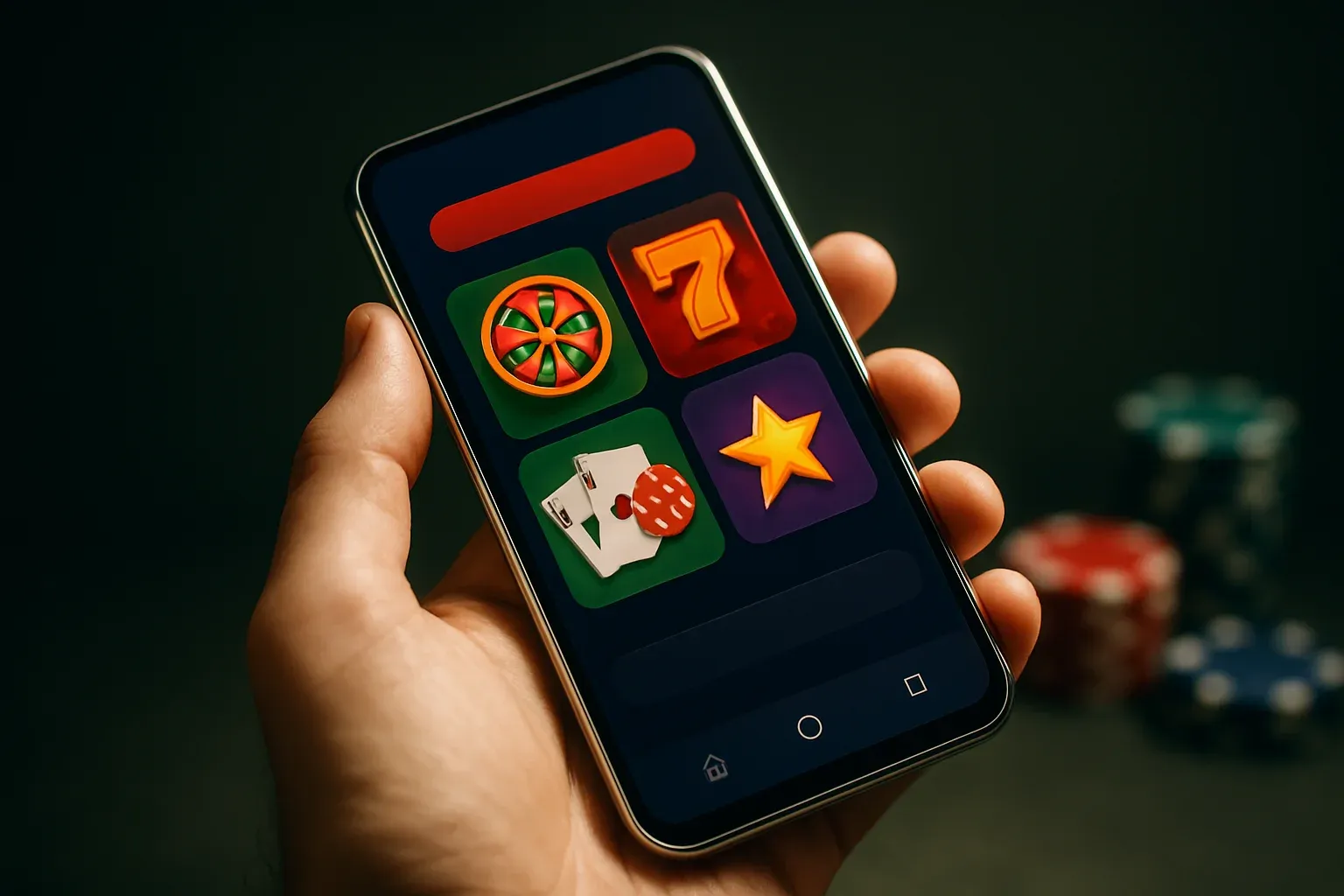 Flagship Android smartphone showing vivid casino app interface in dramatic lighting