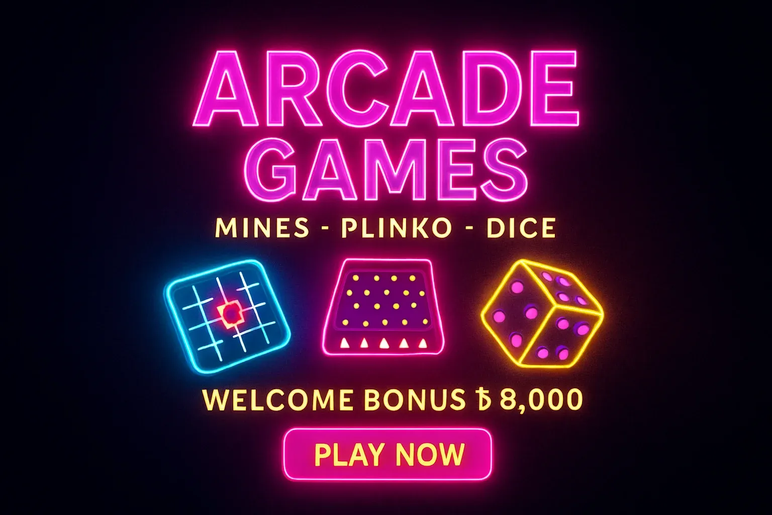 Neon arcade games banner with mines, plinko, dice, and play button