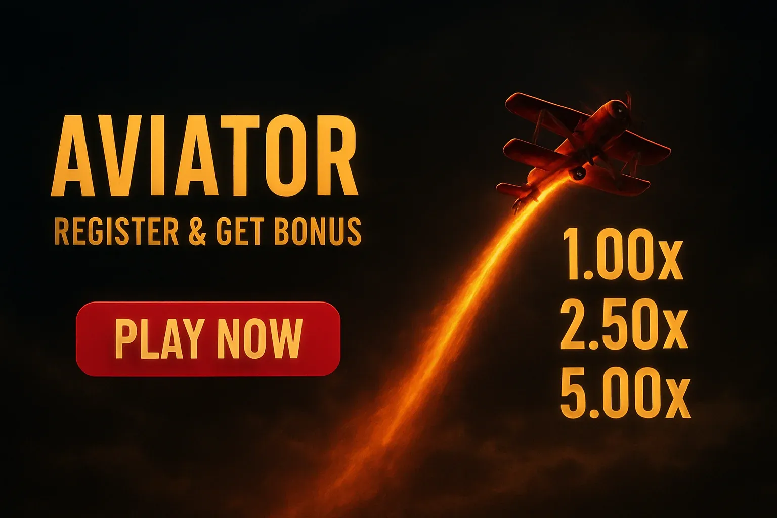 Aviator crash game banner with red plane, multipliers, and play button