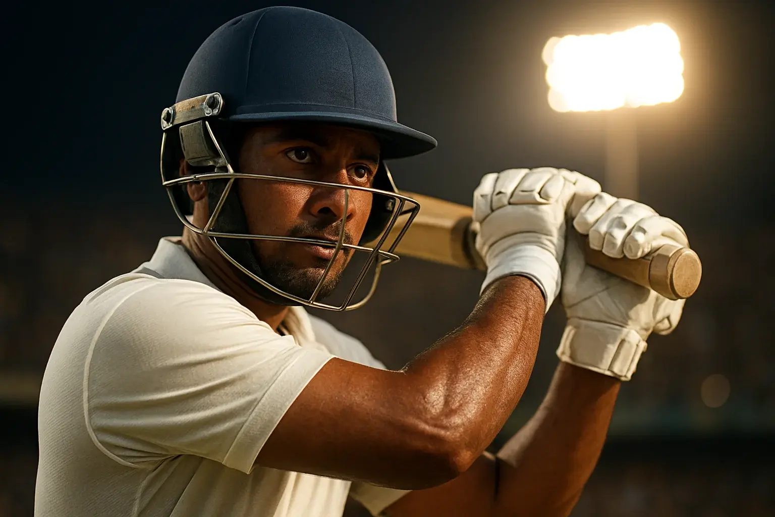 Bangladeshi male cricket batsman in white kit mid-swing under stadium lights