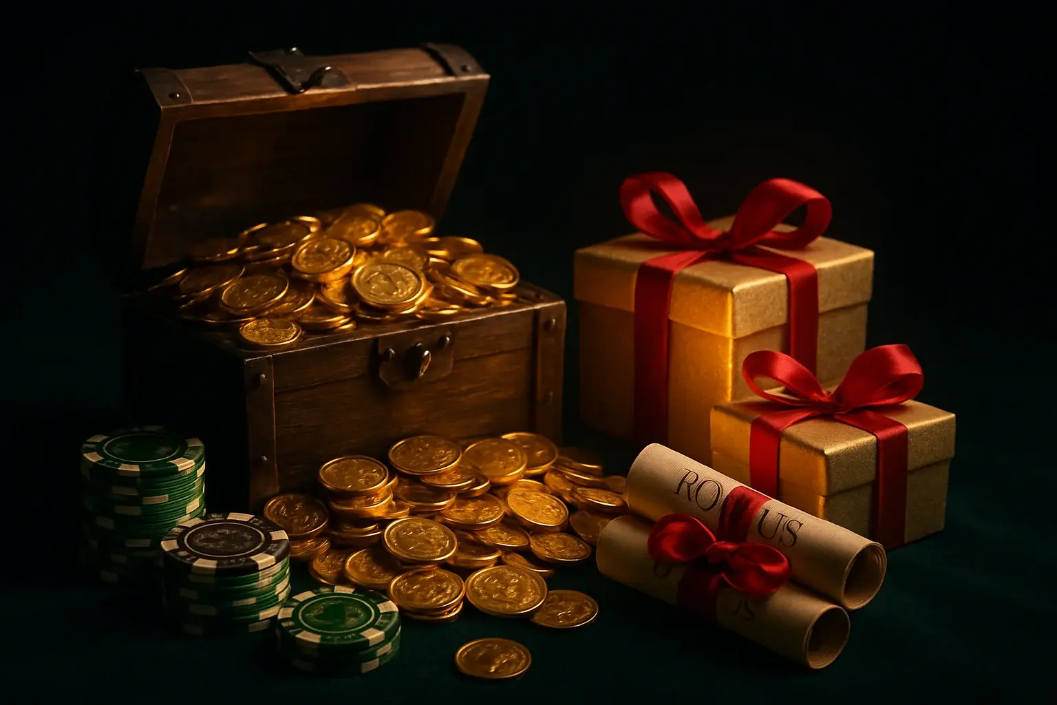 Overflowing treasure chest with gold coins, casino chips, vouchers, and gift boxes