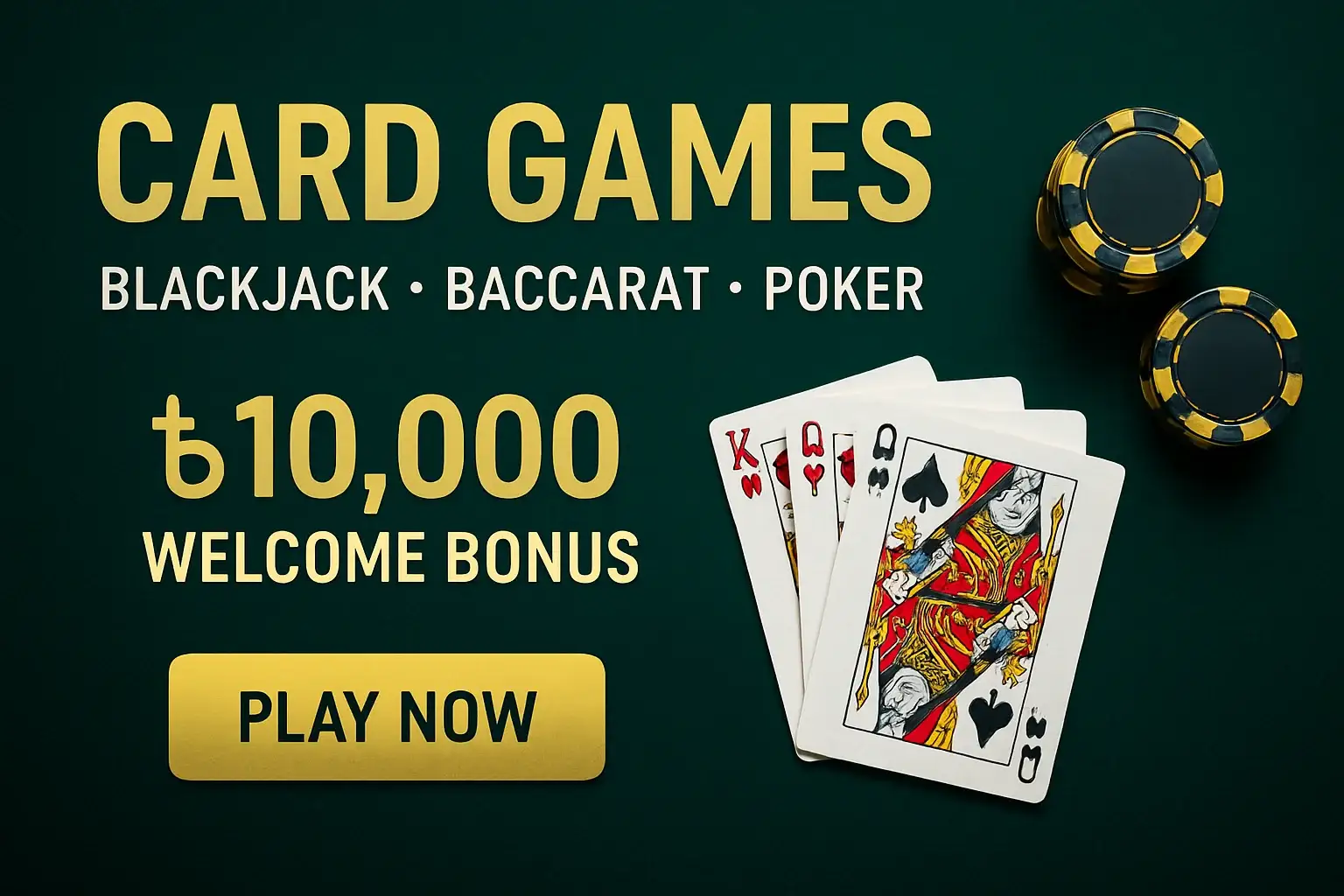Card games banner with cards, chips, bonus offer, and play button