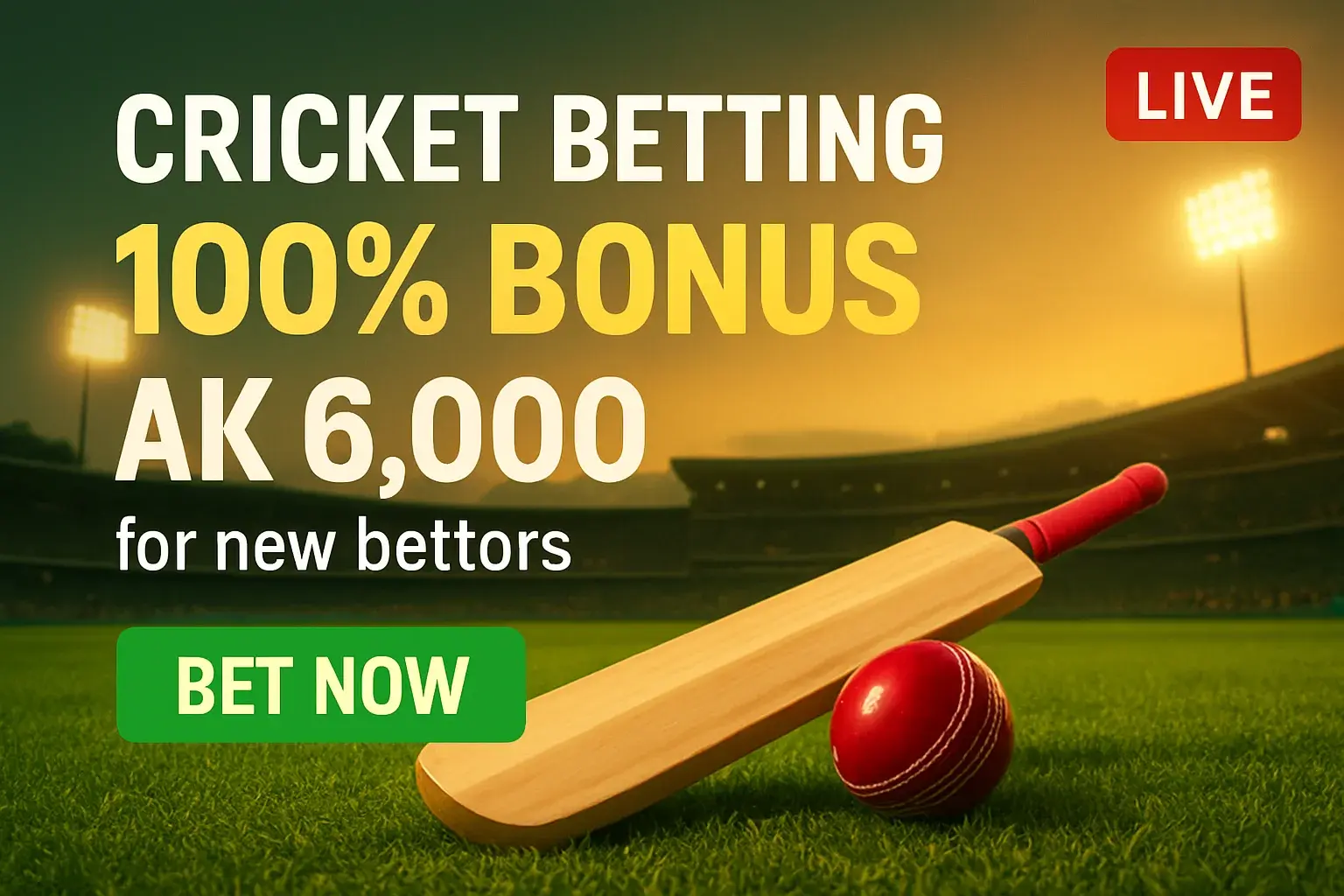 Cricket betting banner with stadium, bat, ball, bonus, and Bet Now button
