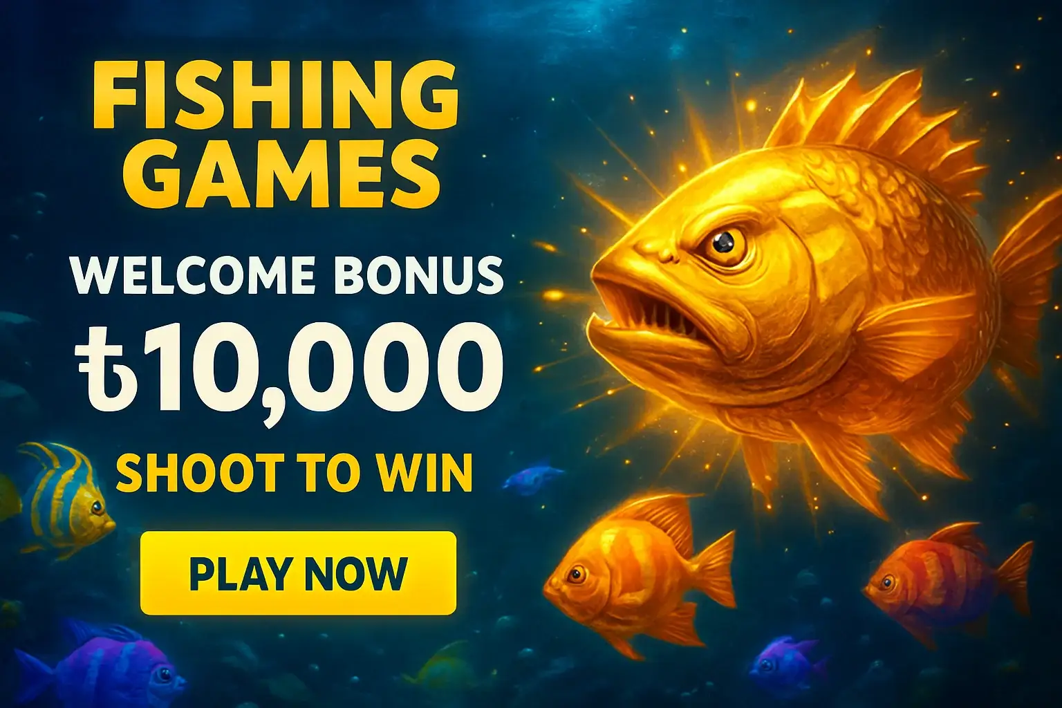 Fishing arcade promo banner with boss fish, bonus, and play button