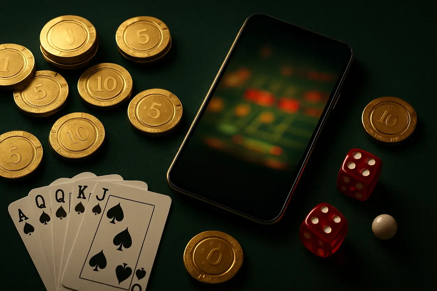 Top-down casino table with gold chips, cards, dice, roulette ball, smartphone