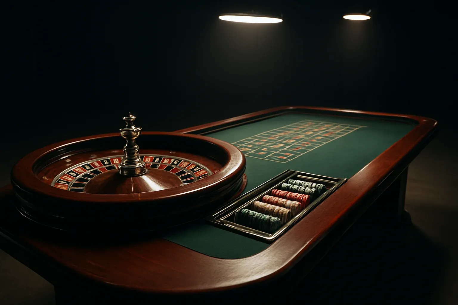 Hyperrealistic live casino studio with empty roulette table and dramatic lighting
