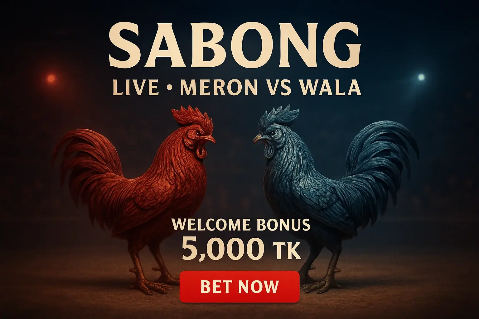 Live sabong banner with decorative rooster figurines and bonus offer