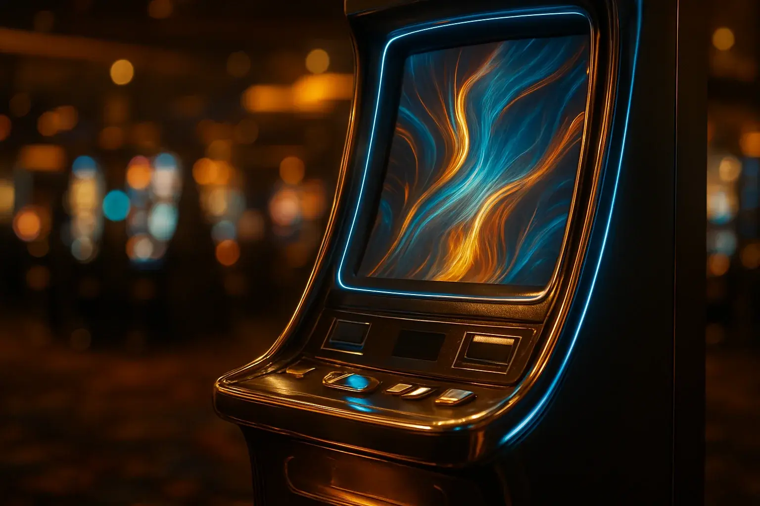 Premium slot machine glowing in dark luxury casino with neon lighting